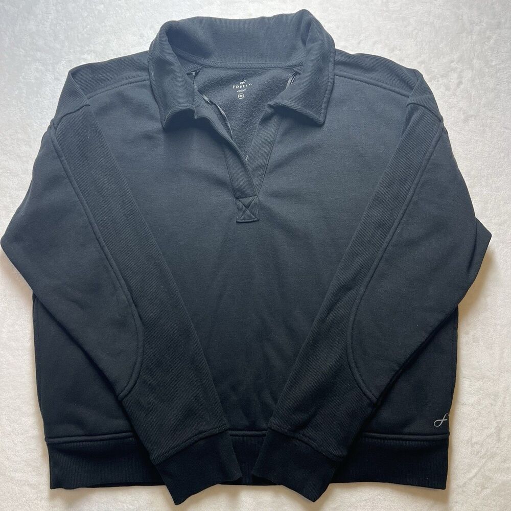 Freely Women’s Pullover V-Neck Black Long Sleeve Sweatshirt Pockets Size Medium